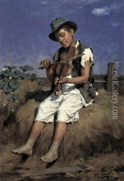 Fiddler Gypsy Boy Oil Painting - Gyorgy the Elder Vastagh