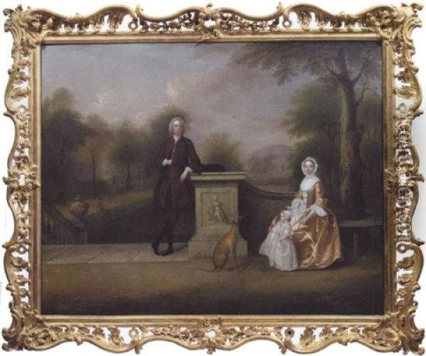 Portrait Of A Gentleman, With His Wife And Child Oil Painting - Arthur Devis
