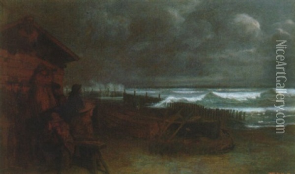Nattestemning Med Fiskere Ved Mole Oil Painting - Wilhelm Pacht