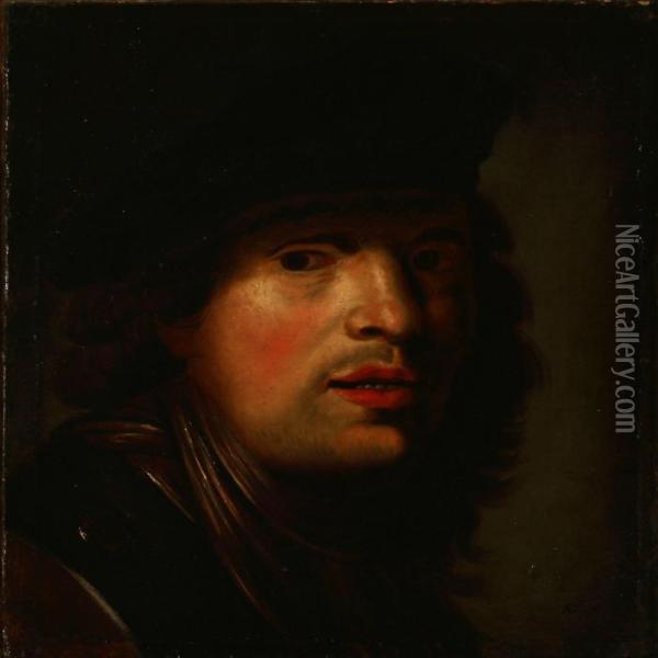 Portrait Of A Young Man With A Black Hat Oil Painting - Rembrandt Van Rijn