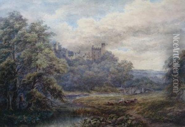 A View Of Haddon Hall, 
Derbyshire From The Water Meadows, Where Cattle Graze, A Woman 
Collecting Faggots In A Wood Oil Painting - Frank Thomas,francis Carter
