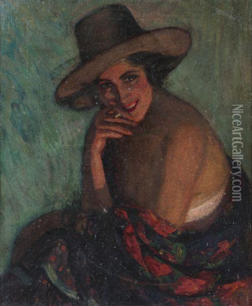 Fumeuse Avec Chapeau. Oil Painting - Pierra Ribera