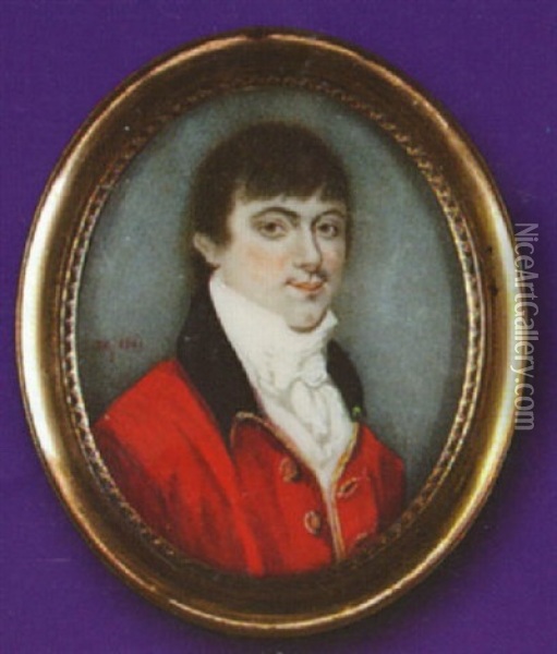 A Gentleman (self Portrait?), Wearing Red Coat With Black Collar And Gold Trim, White Waistcoat, Tied Stock And Cravat Oil Painting - Thomas Robinson