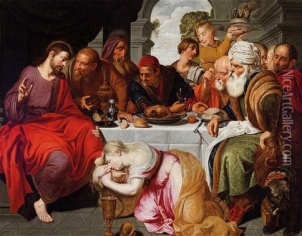 Beim Gastmahl Des Pharisaers Simon Salbt Maria Magdalena Die Fuse Christi Oil Painting - Artus Wolfaerts