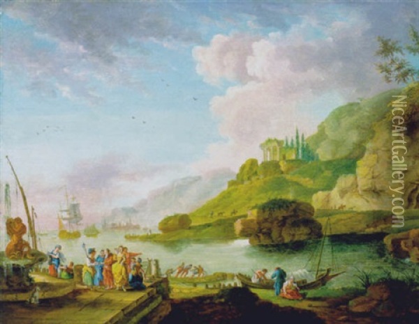 Personnages A La Fontaine Sur Le Quai D'un Port Oil Painting - Jean Baptiste Lallemand