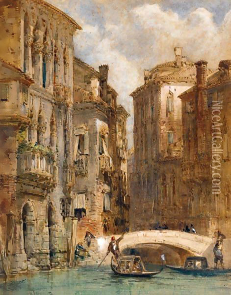 A Gondoler On A Canal, Venice Oil Painting - William Callow