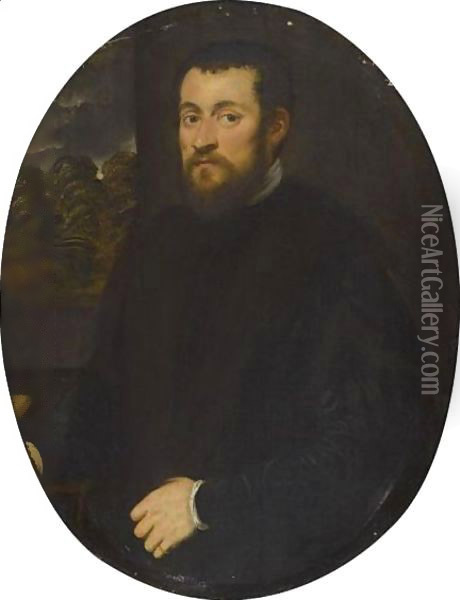 Portrait Of A Gentleman, Half Length, Before An Open Window Oil Painting - Jacopo Tintoretto (Robusti)