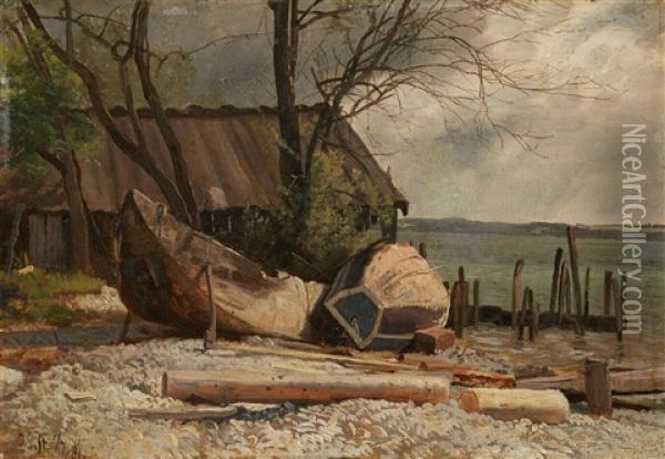 Boats On A Lake (possibly Lake Starnberg) Oil Painting - Johann Gottfried Steffan