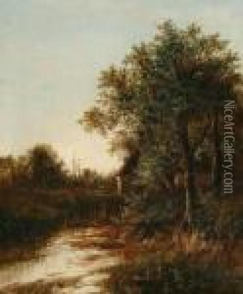 Village Pond, Church Tower In The Distance Oil Painting - Joseph Thors