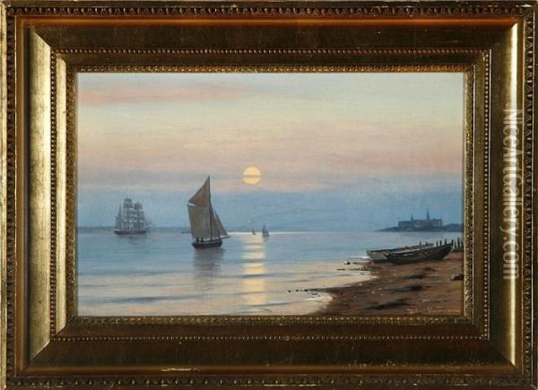 Moonlight At The Great Sound, Denmark Oil Painting - Johann Jens Neumann