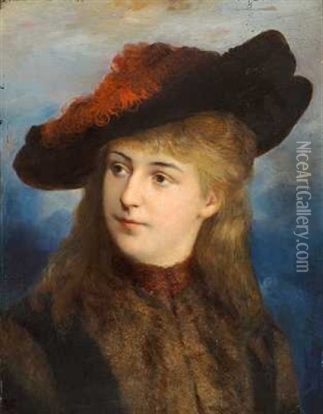 Elegant Ung Dame Med Hat Med Rode Fjer Oil Painting - Walter Jenks Morgan