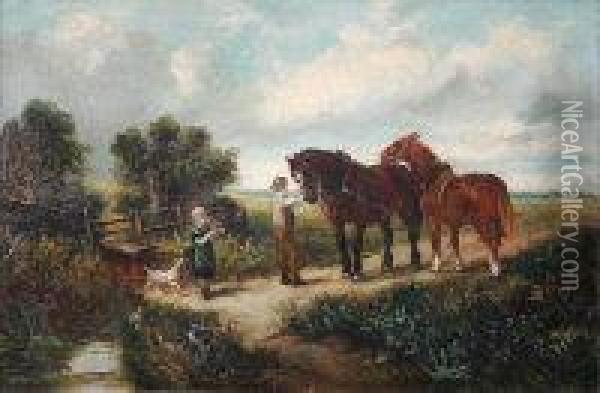 Two Horse Team And Drover, Young Girl And Dog By A Stile Oil Painting - John Locker