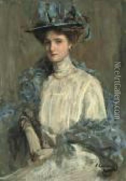 Portrait Of A Lady In Blue Oil Painting - John Lavery