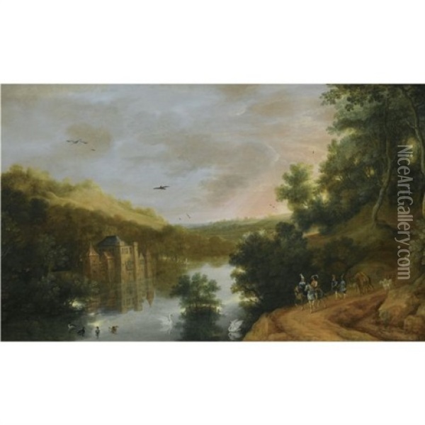 An Extensive River Landscape With Elegant Travellers, A Chateau On The Banks Of The River Oil Painting - Lucas Achtschellinck