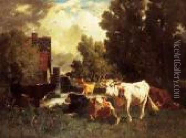 Vaches Aupres D'un Moulin, Circa 1870. Oil Painting - Emile van Marcke de Lummen