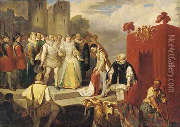 Sir Walter Raleigh laying down his cloak before Queen Elizabeth I Oil Painting - Sir John Gilbert