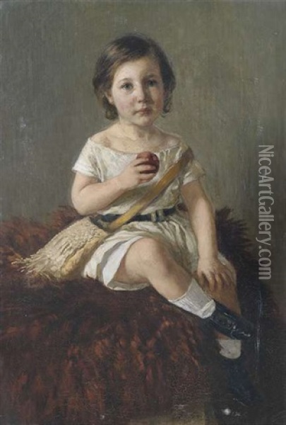 Bidlnis Eines Kleinen Madchens Mit Apfel Auf Einer Wolldecke Sitzend Als Ganzfigur Oil Painting - Otto Franz Scholderer