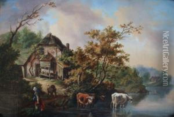 A Maid With Cattle By A Lakeside Homestead Oil On Canvas 26 X 38.5cm Oil Painting - Charles Towne