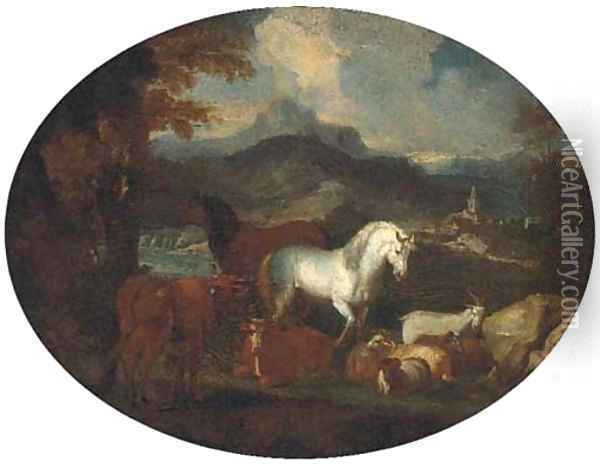 Horses, cattle, goats and rams by a lake in a mountain landscape Oil Painting - Giovanni Benedetto Castiglione