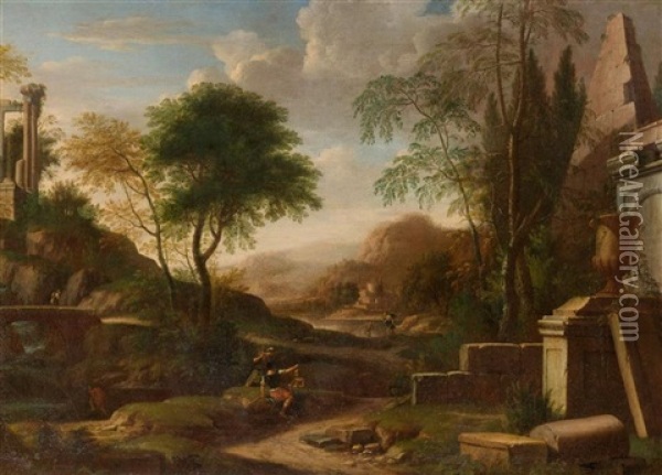 Broad Wooded Landscape With River And Figures Near Some Ancient Ruins Oil Painting - Albert Meyeringh