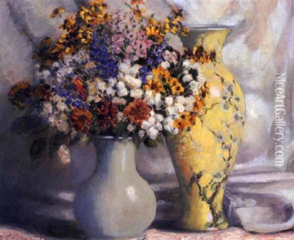 Yellow And White Flowers In A White Vase Oil Painting - Everett Lloyd Bryant