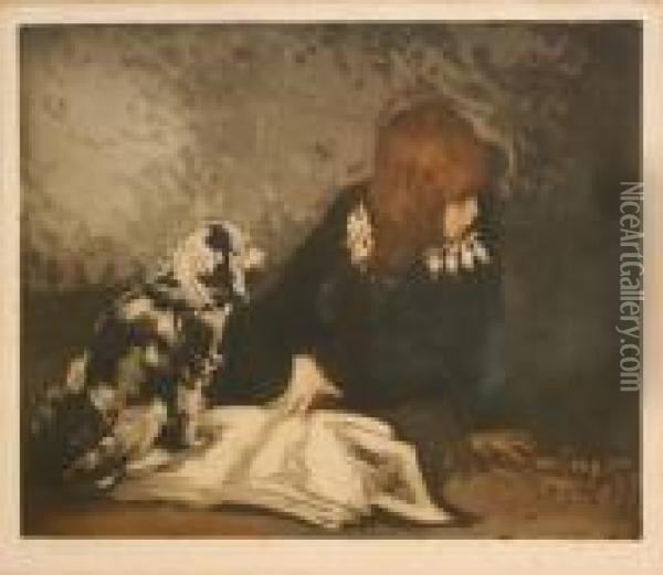 Girl Beside A Torn Book And Dog Oil Painting - Manuel Robbe