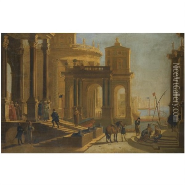 A Capriccio View Of A Palace Beside A Harbour With Figures In The Foreground Oil Painting - Alessandro Salucci