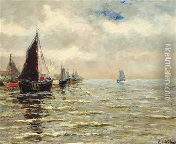 Approaching The Port Oil Painting - Eliseo Meifren y Roig