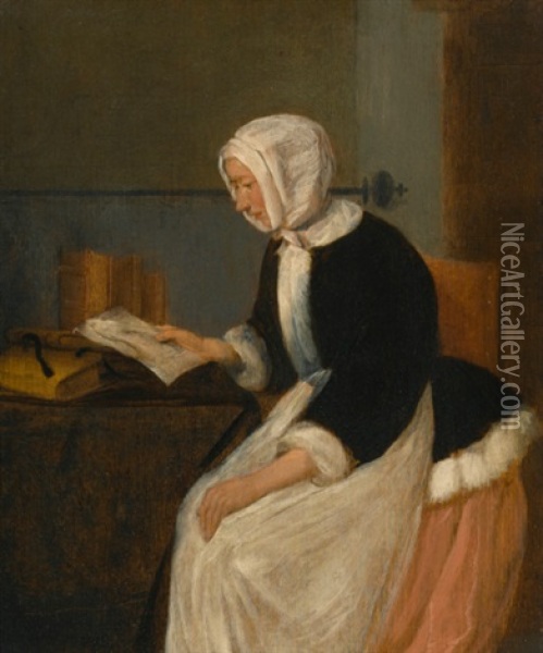 A Young Lady Reading A Letter In An Interior Oil Painting - Quiringh Gerritsz van Brekelenkam