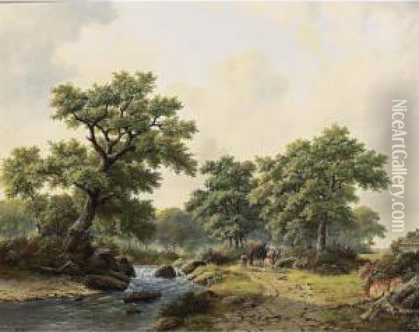 A Summer Landscape With Travellers On A Path Oil Painting - Georg Andries Roth