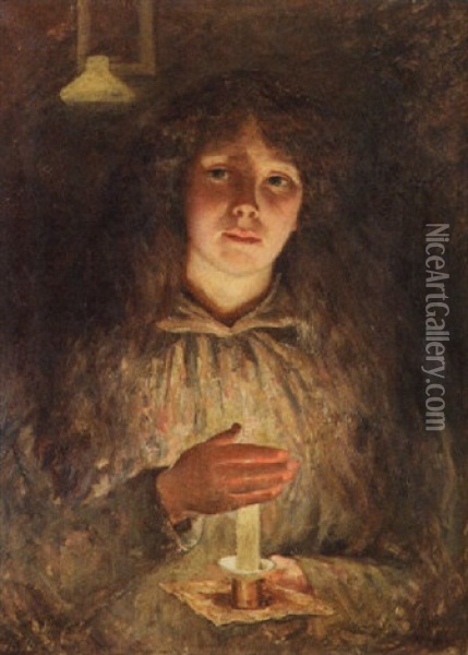 Young Girl With Candlelight Oil Painting - Robert Jobling