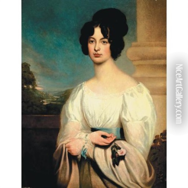 A Portrait Of A Lady Holding A Rose (miss Mary Usticke?) Oil Painting - Thomas Lawrence