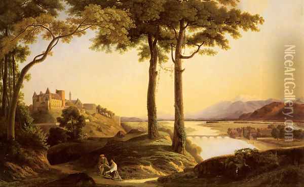 Figures in an Extensive River Landscape with a Castle Beyond Oil Painting - Francisque Jean Schaeffer-Berger