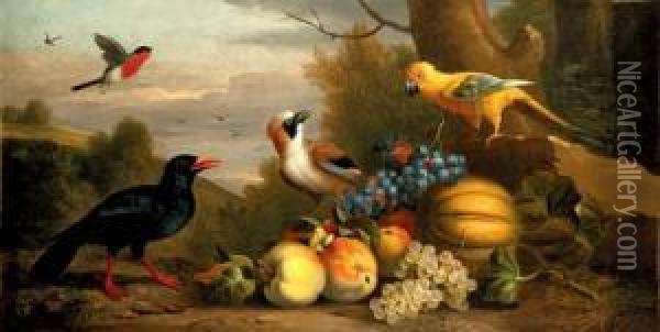 A Bullfinch, A Chough, A Jay And
 A Sun Conure With Quinces, Grapes And Melons In A Landscape Oil Painting - Jakob Bogdani Eperjes C