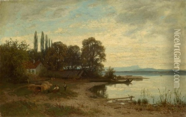 Scene On The Lake Shore Oil Painting - Adolf (Johann) Staebli