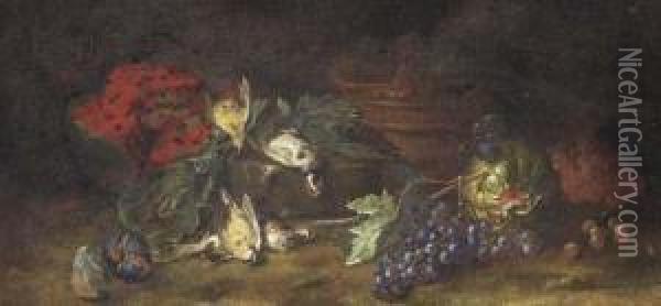 A Watermelon, Figs, Dead Birds And Grapes On The Vine In Aclearing Oil Painting - Felice Rubbiani