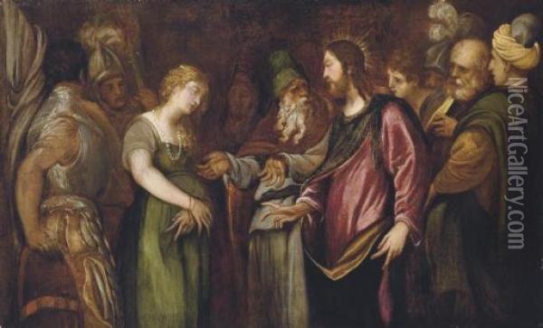 Christ And The Woman Taken In Adultery Oil Painting - Andrea Meldolla Schiavone