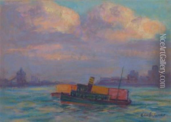 Tugboat In Harbor Oil Painting - Edwin Clymer