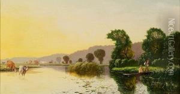 Thames Valley River Landscape 
(possibly Between Goring And Pangbourne), With Figures In A Boat And 
Cattle Grazing Oil Painting - Edwin H., Boddington Jnr.