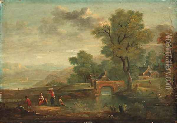 A Village and Villagers by a River Oil Painting - Dutch School