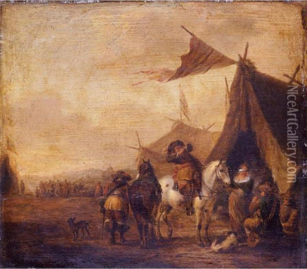 A Military Encampment With A Mounted Trumpeter By A Tent Oil Painting - Pieter Wouwermans or Wouwerman