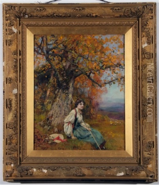 Young Shepherdess Seated Beneath A Tree Oil Painting - Henry John Yeend King