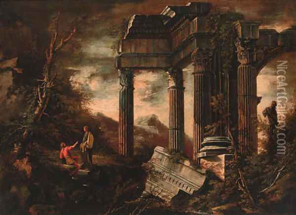 Figures resting before a classical ruin Oil Painting - Salvator Rosa