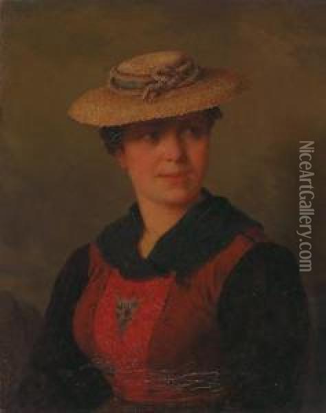 Tyrolean Girl With Hat Oil Painting - Josef Bche