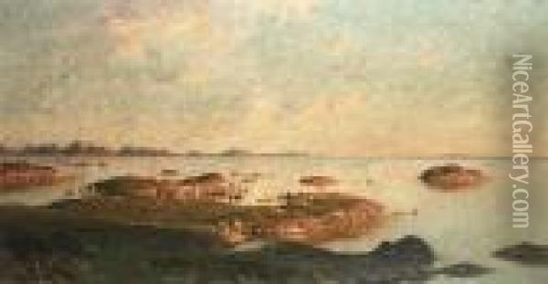 Midnight Sun Over The Lofoten Islands, Norway Oil Painting - Adelsteen Normann