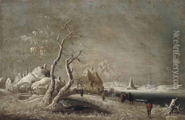 A Winter River Landscape With Figures On A Track Oil Painting - Jan Griffier the Elder