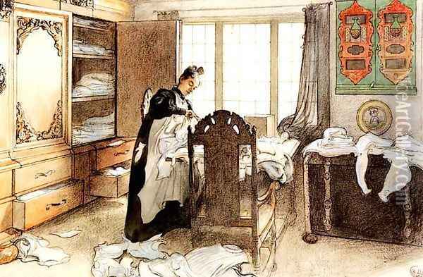 Karin By The Linen Cupboard Oil Painting - Carl Larsson