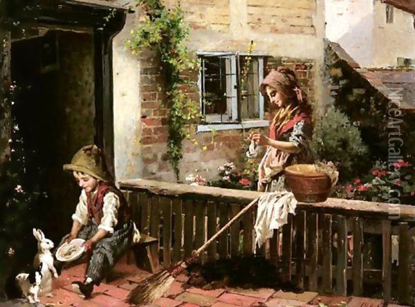 Feeding Rabbits Oil Painting - Alexander M. Rossi