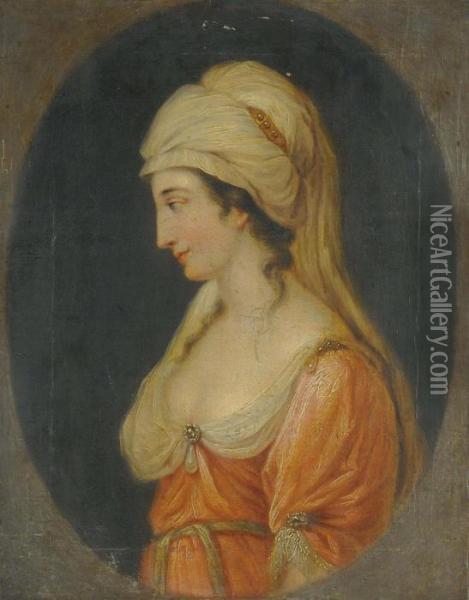 Portrait Of A Lady, Small 
Half-length, In Profile, In A Pink Dress With White Chemise And White 
Turban, In A Feigned Oval Oil Painting - Angelica Kauffmann