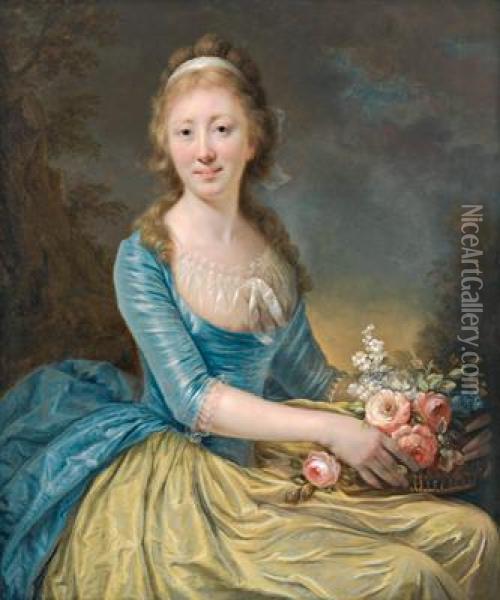 Dame In Gelb Und Blau Mit Einem Blumenkorb Oil Painting - Anna Dorothea Liszewska-Therbusch